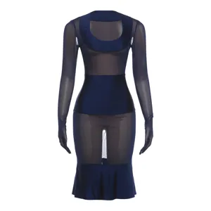 Abito midi bodycon in mesh trasparente a maniche lunghe scollato blu scuro dettaglio.