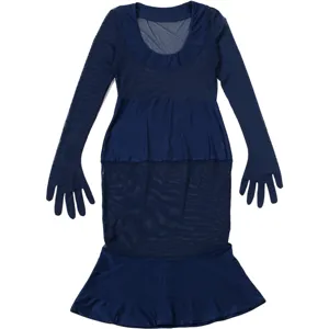 Vestito sirena aderente trasparente in rete blu scuro a maniche lunghe con guanti da festa sexy.