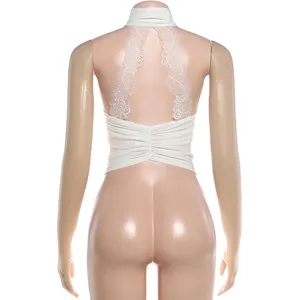 Women summer high neck lace backless slim sleeveless camisole top detail view style