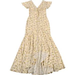 Detail shot of a French floral v-neck midi dress featuring short flutter sleeves and ruffles.