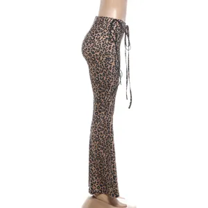 Women leopard print flare pants low waist lace up slim trousers summer sexy streetwear fashion