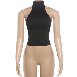 Detail view of black high neck sleeveless crop top, slim fit design for women summer wear.