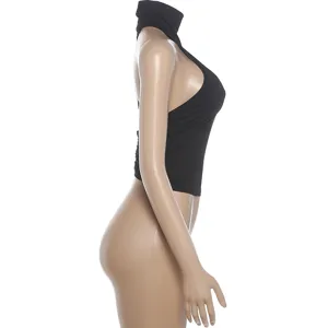 Black sleeveless high neck crop top side view detail showing sleek slim fit design style.