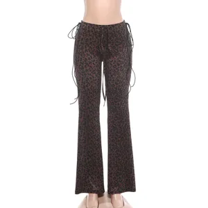 Women's sexy low-rise leopard print flare trousers with side drawstring details for summer.