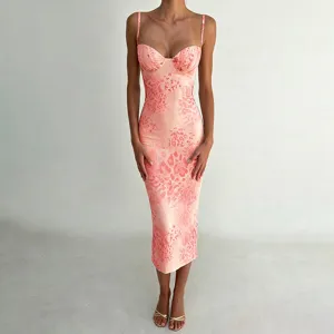 Close-up view of the pink animal print bustier midi dress showcasing the fitted silhouette.