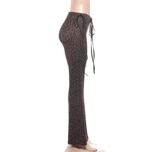Women low rise leopard print flare pants casual slim fit side lace up long trousers