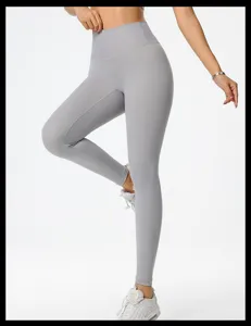 Pantaloni da yoga senza cuciture a vita alta da donna, leggings sportivi grigi.