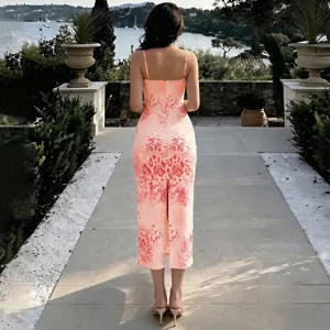 Sexy summer sleeveless spaghetti strap slim irregular print midi dress for women new