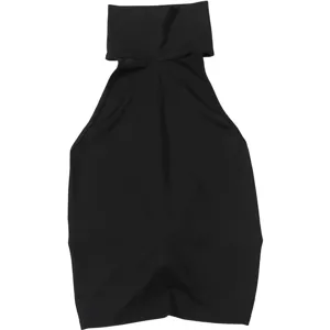Close-up detail of the black mock neck sleeveless cutout slim fit top design fabric.