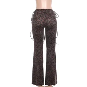 Back view of women's sexy low-waist leopard print slim flare pants with side lace-up ties.