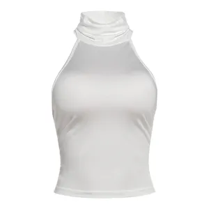 Sleeveless high-neck slim white satin top detail showcasing sleek backless fabric texture.