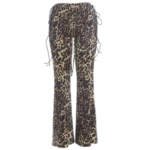 Leopard print flare pants detail showing side drawstrings and low waist fit design.