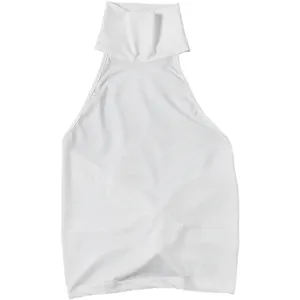 Detailed view of the white high neck sleeveless slim fit top, showing fine fabric and cut.