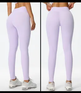 Pantaloni da yoga senza cuciture a vita alta da donna, leggings fitness push-up, lilla chiaro.