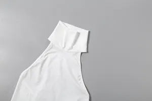 White high neck sleeveless top detail view, minimalist modern style women apparel clothing item