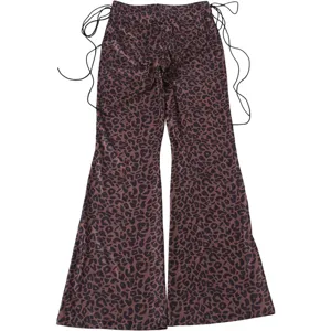 Stylish brown leopard print flare pants featuring adjustable side drawstrings for women.