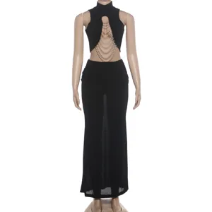Women summer black mock neck sleeveless cutout pearl chain crop top maxi skirt set