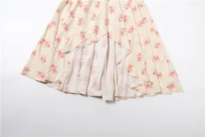 French style floral print long dress with elegant irregular hem design, perfect detail view.