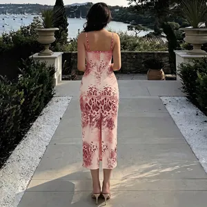 Women summer sexy sleeveless spaghetti strap slim fit printed midi slip dress elegant