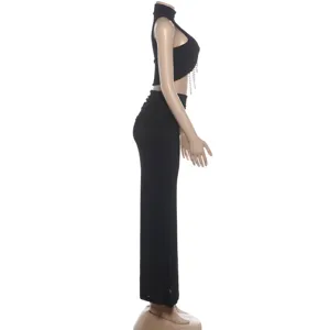 Sexy slim fit sleeveless crop top with pearl chain and maxi skirt 2-piece set summer