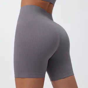 Pantaloncini da yoga senza cuciture a costine a vita alta fitness running sport gym