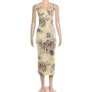 Sexy sleeveless spaghetti strap bodycon midi dress featuring trendy abstract leopard print.