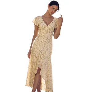 Women French floral V-neck midi dress featuring short sleeves and elegant high-low hem.