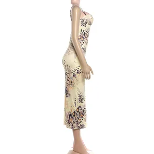 Sexy sleeveless slip midi dress with trendy leopard print, slim fit for summer party wear.