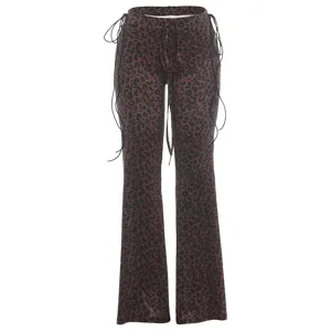 Women Low Waist Leopard Print Flare Pants Y2K Slim Fit Casual Trousers with Side Lace-Up