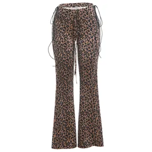 Leopard print flare pants detail, featuring stylish side ties and trendy low waist design.