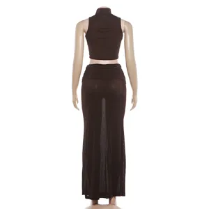 Women solid brown slim fit sleeveless crop top and maxi skirt two piece set summer wear