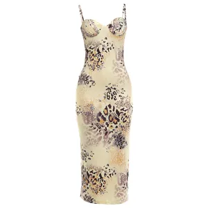Sexy leopard print bustier slip dress detail, stylish bodycon midi dress for women wear.