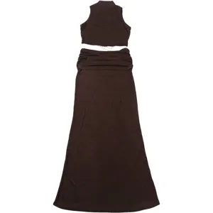 Dark brown sleeveless high neck crop top and low waist maxi skirt set with chain cutout detail.
