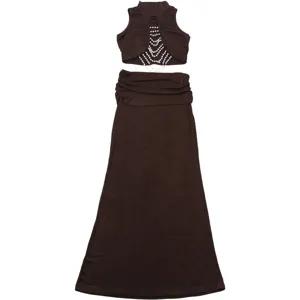 Detailed view of the brown sleeveless crop top with cutout and pearl chain accents.