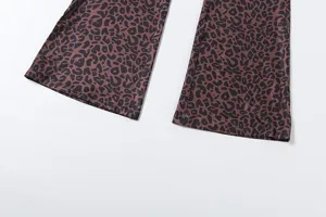 Brown leopard print flare pants detail for women casual slim fit stylish trousers chic.