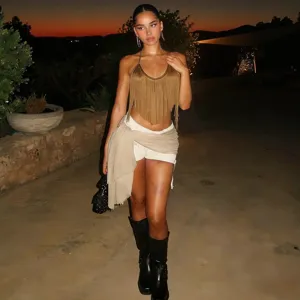Γυναικείο σέξι halter κρόσσια φούντες crop top κομψό αμάνικο εξώπλατο καλοκαιρινό