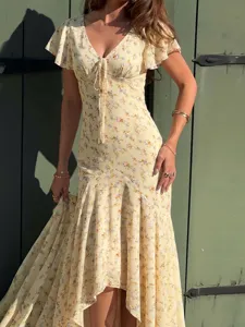 Women French V-Neck Floral Print Slim Fit Ruffle Short Sleeve High Waist Maxi Dress Elegant Long Party Dress