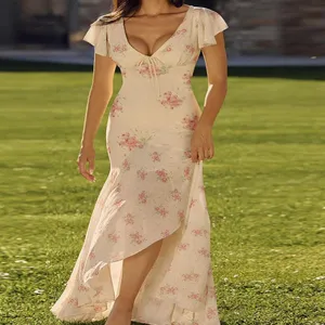 Floral print V-neck maxi dress with butterfly sleeves and high-low split hem for women.