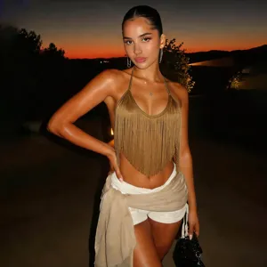 Σεξι λαμπερό μεταλλικο crop top με κροσσια για γυναικες, αμανικο εξωπλατο καλοκαιρινο τοπ.