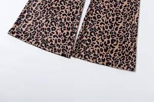 Leopard print flare pants detail crop showcasing slim fit wide leg design and stylish pattern.