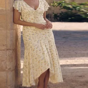 French style floral v-neck midi dress with flutter sleeves and waist tie for women.