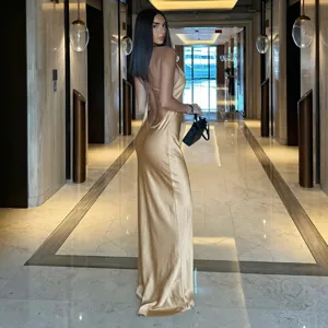 Elegant gold satin backless long dress for women, sexy slim fit evening party maxi dress.