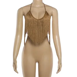 Χρυσό κρόσσι halter crop top, αμάνικο και εξώπλατο σέξι τοπ πάρτι με λεπτομερή προβολή