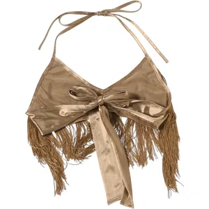 Χρυσό μεταλλικό crop top halter με κομψό μπροστινό φιόγκο και λεπτά κρόσσια.