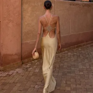 Elegant sexy backless satin slip dress, solid color bodycon long dress for summer evening.