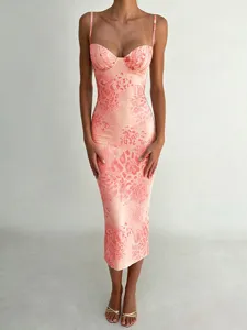 Sexy sleeveless slip midi dress with abstract print, sweetheart neckline, perfect summer style.