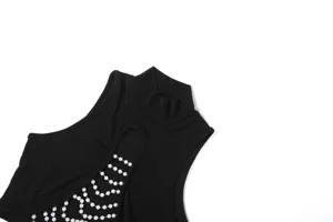 Stylish black sleeveless mock turtleneck top with elegant pearl chain cutout design for summer.