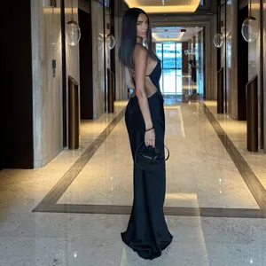 Sleeveless backless black long dress for women, sexy slim fit bodycon summer apparel style.