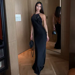 Elegant black halter backless maxi dress, sleek summer slip dress for evening events.