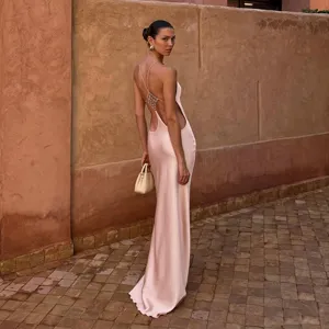 Elegant pink satin backless maxi dress for women, chic sleeveless slim fit evening party gown.